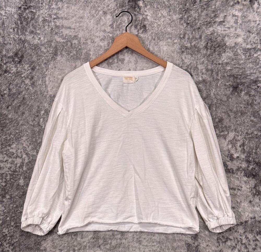 Nation LTD Top Medium Womens White Balloon Sleeve V Neck Blouse